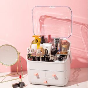 Haturi Makeup Organizer, Waterproof&Dustproof Cosmetic Organizer Box with Lid Fully Open Makeup Display Boxes, Skincare Organizers Makeup Caddy Holder for Bathroom, Dresser, Countertop Bedroom-White