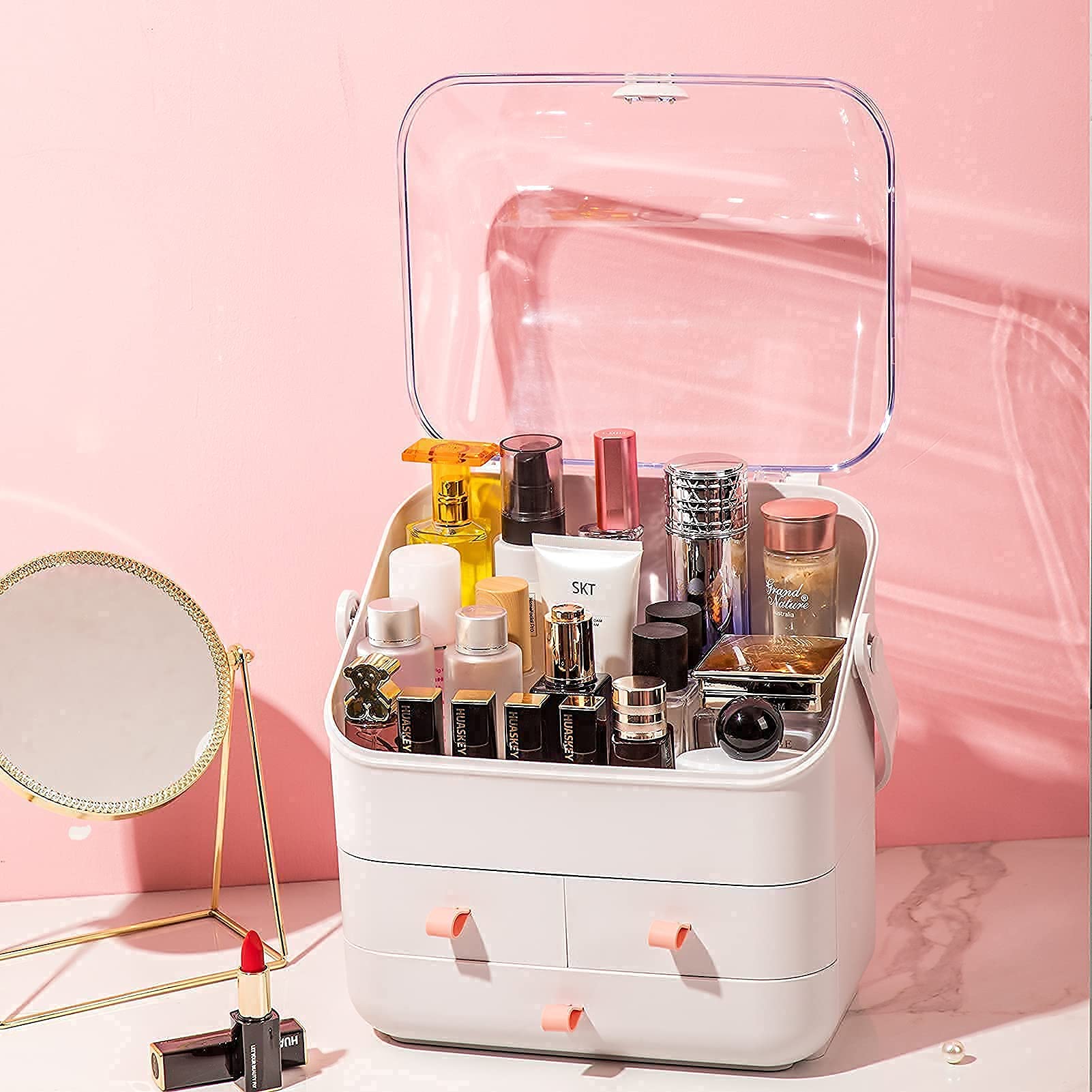 Haturi Makeup Organizer, Waterproof&Dustproof Cosmetic Organizer Box with Lid Fully Open Makeup Display Boxes, Skincare Organizers Makeup Caddy Holder for Bathroom, Dresser, Countertop Bedroom-White