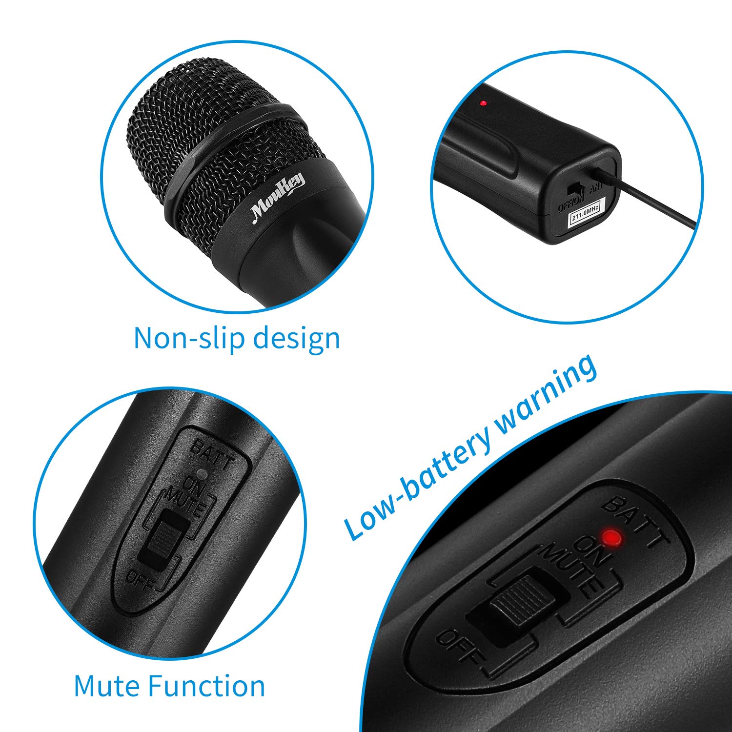 Moukey Wireless Microphone, Portable Dynamic Handheld Mic, Anti-Interference, Excellent Sound, VHF Karaoke Microphone, Wireless Mic for Party, Karaoke, Meeting, Wedding, Church, Stage & DJ, Black