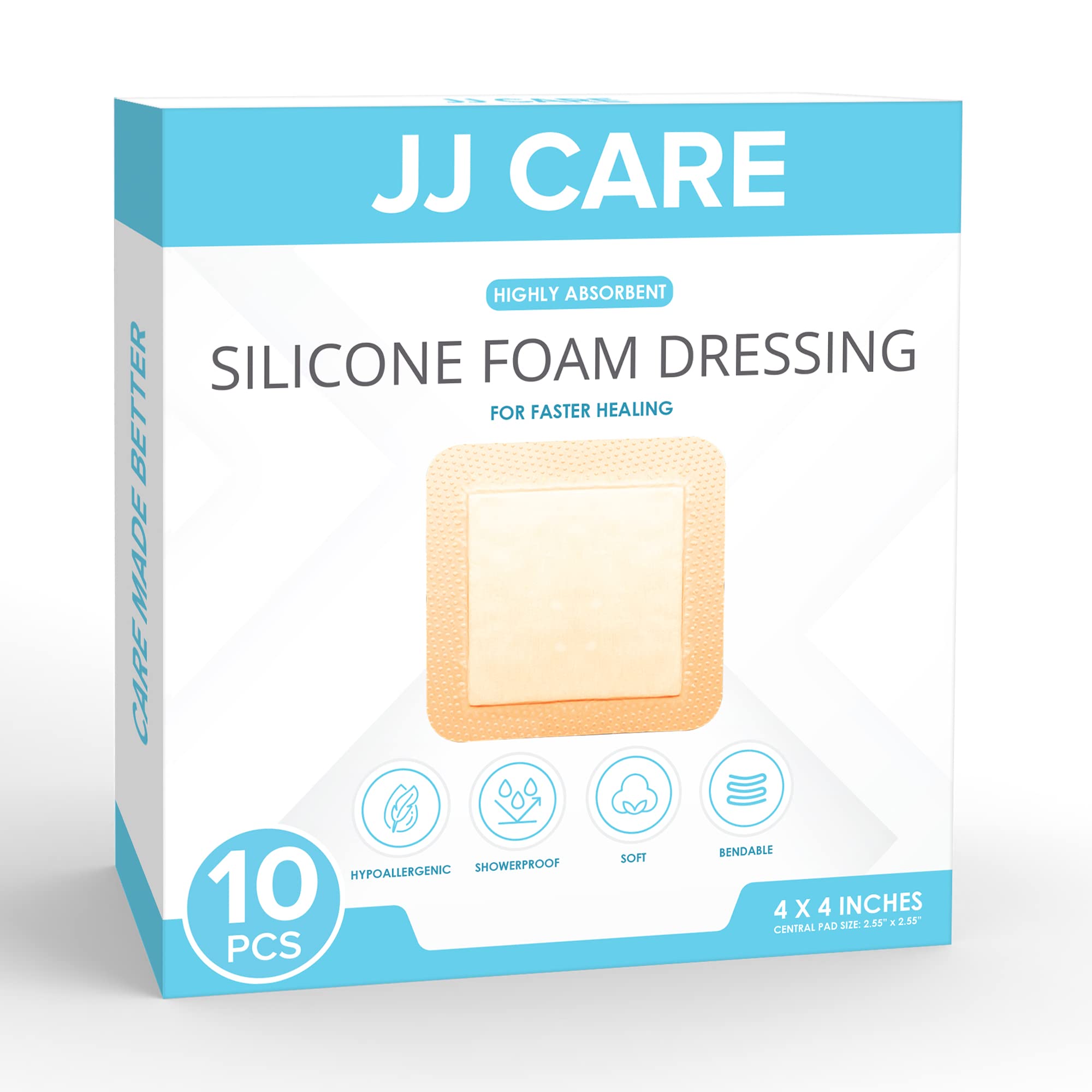 JJ CARE Silicone Foam Dressing [Pack of 10], 4x4 Foam Wound Dressing with Silicone Adhesive Border, Showerproof and Absorbent Medical Bandages