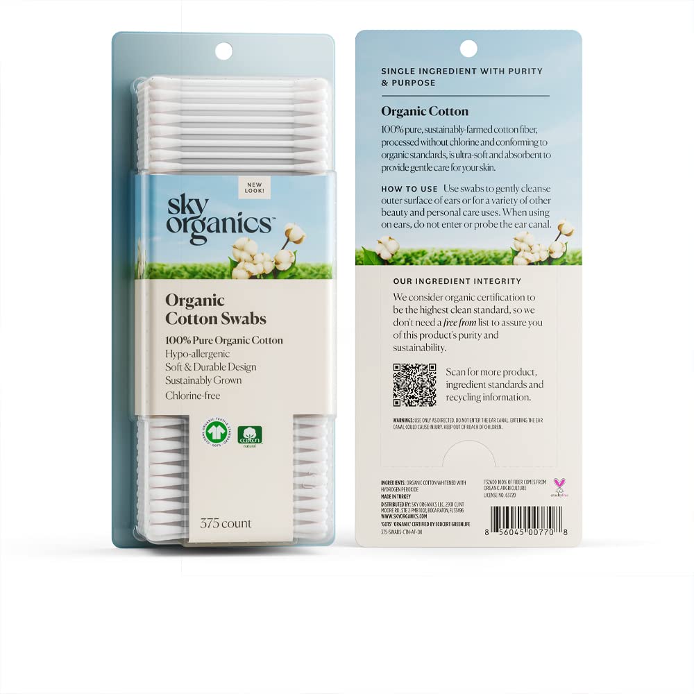 Sky Organics Organic Cotton Swabs for Sensitive Skin, 100% Pure GOTS Certified Organic for Beauty & Personal Care, 4 Pack with Ebook