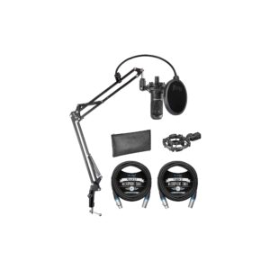 blucoil audio technica at2035 cardioid condenser microphone perfect for studio, podcasting & streaming, xlr output bundle boom arm plus pop filter, and 2-pack of 10-ft balanced xlr cables