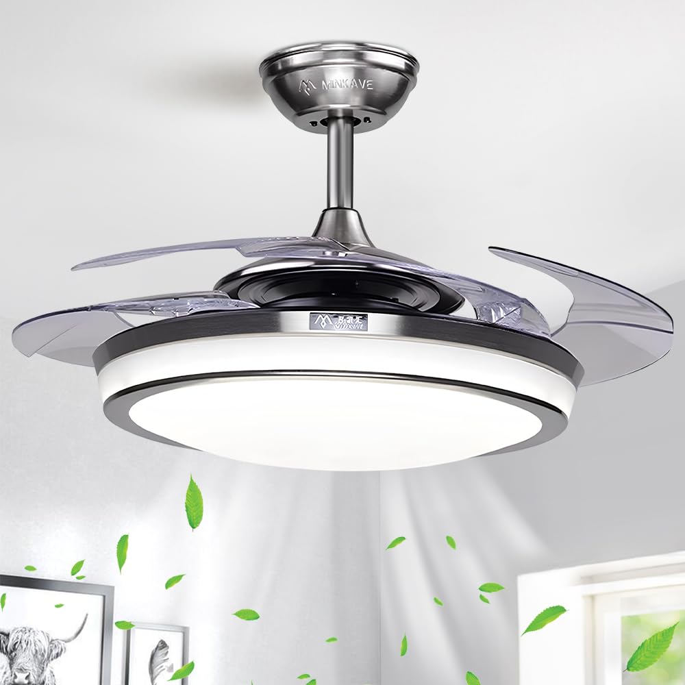 efperfect 48" Ceiling Fan Light Polished Chrome Clear Retractable Blades 3 Color Changes 3 Speeds LED Ceiling Fan with Remote Control for Living Room Bedroom Restaurant Kitchen