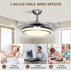 efperfect 48" Ceiling Fan Light Polished Chrome Clear Retractable Blades 3 Color Changes 3 Speeds LED Ceiling Fan with Remote Control for Living Room Bedroom Restaurant Kitchen