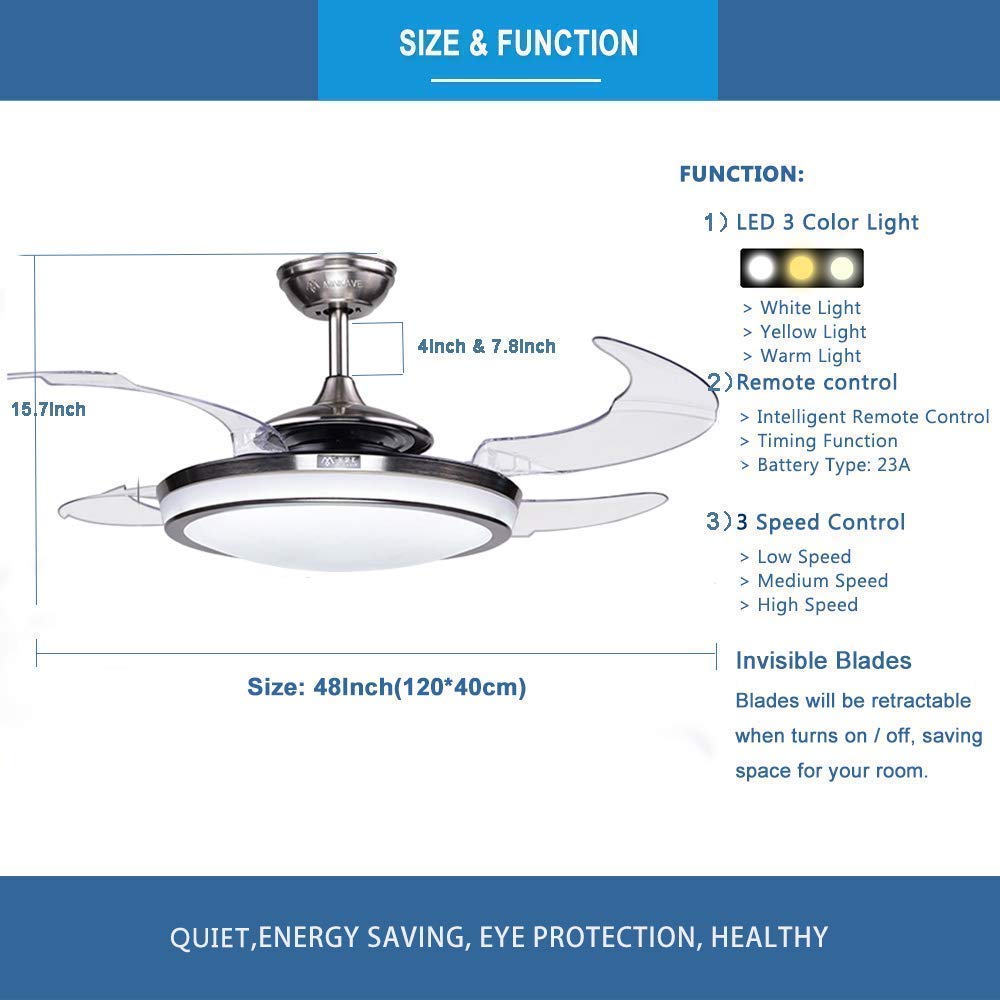 efperfect 48" Ceiling Fan Light Polished Chrome Clear Retractable Blades 3 Color Changes 3 Speeds LED Ceiling Fan with Remote Control for Living Room Bedroom Restaurant Kitchen