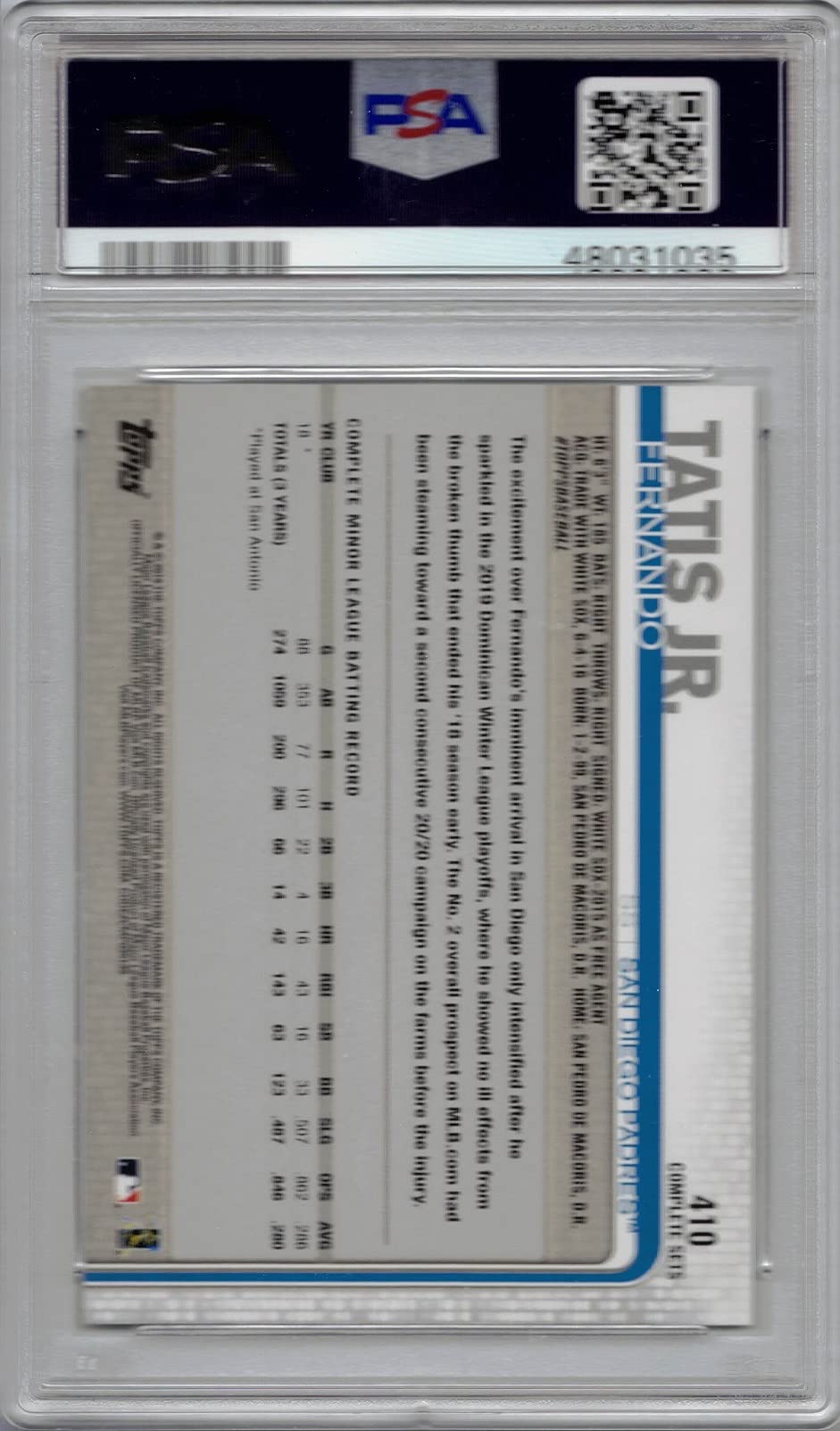 2019 Topps Complete Set Variation Baseball #410 Fernando Tatis Jr. Rookie Card Graded PSA 10 Gem Mint