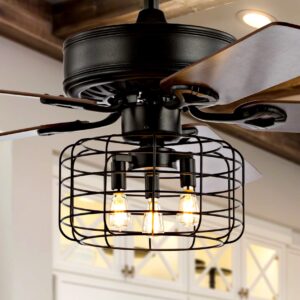 JONATHAN Y JYL9603A Asher 52" 3-Light Industrial Metal/Wood LED Ceiling Fan With Remote, Farmhouse, Bohemian, Industrial, Rustic, Transitional, Southwestern, Living Room, Bedroom, Forged Black