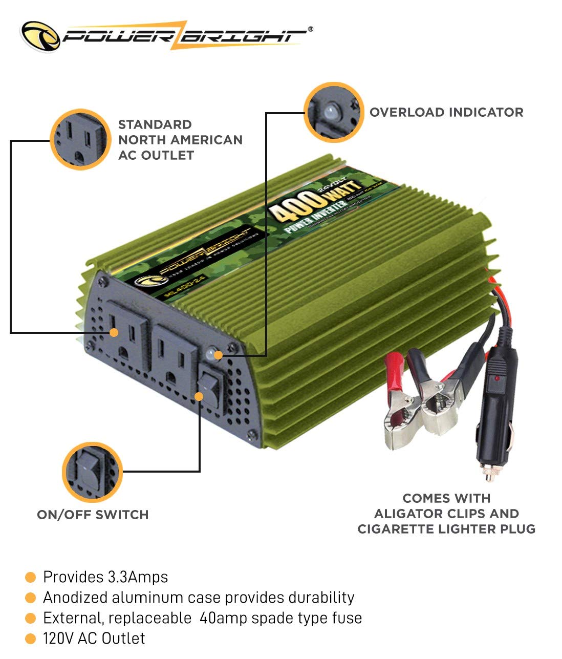 PowerBright 400 Watt Power Inverter, DC 24V to 120V AC Car Inverter, Modified Sine Wave with 120V AC Outlets, Car Battery Cables w/Alligator Clips & Car Cigarette Lighter Plug Adapter - CE Approved