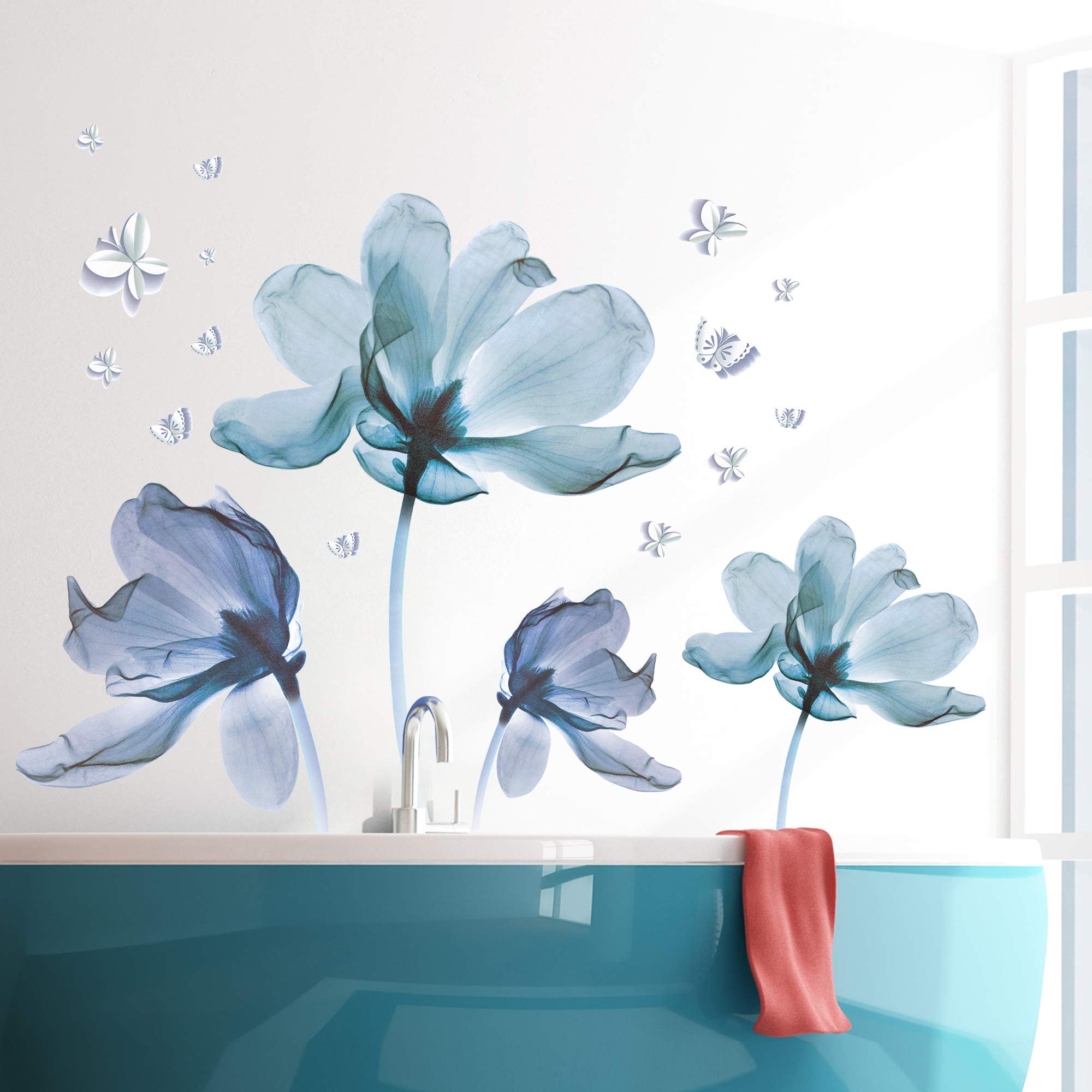 Gaint Creative Removable 3D Nusery Flower Wall Decals DIY Romantic Floral Wall Sticker Murals Flowers Art Decor for Kids Girls Teens Bedroom Office Living Room Home Wall Decoration (Light Blue)