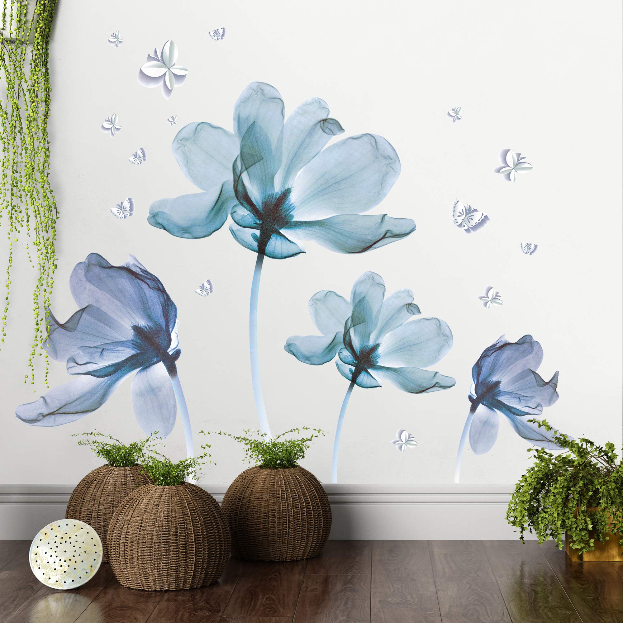 Gaint Creative Removable 3D Nusery Flower Wall Decals DIY Romantic Floral Wall Sticker Murals Flowers Art Decor for Kids Girls Teens Bedroom Office Living Room Home Wall Decoration (Light Blue)