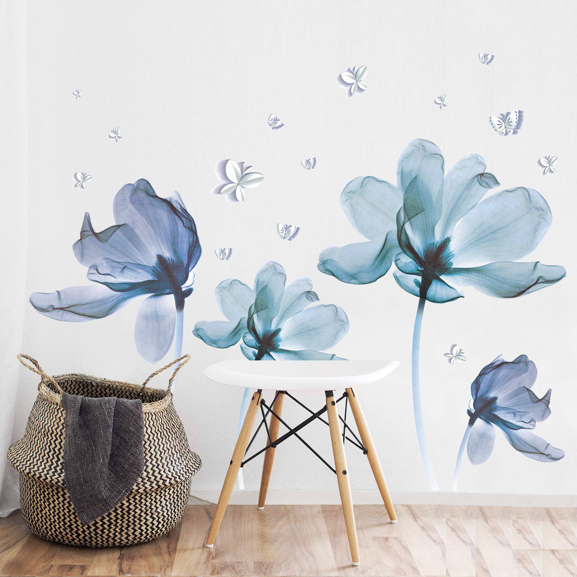 Gaint Creative Removable 3D Nusery Flower Wall Decals DIY Romantic Floral Wall Sticker Murals Flowers Art Decor for Kids Girls Teens Bedroom Office Living Room Home Wall Decoration (Light Blue)