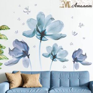 Gaint Creative Removable 3D Nusery Flower Wall Decals DIY Romantic Floral Wall Sticker Murals Flowers Art Decor for Kids Girls Teens Bedroom Office Living Room Home Wall Decoration (Light Blue)