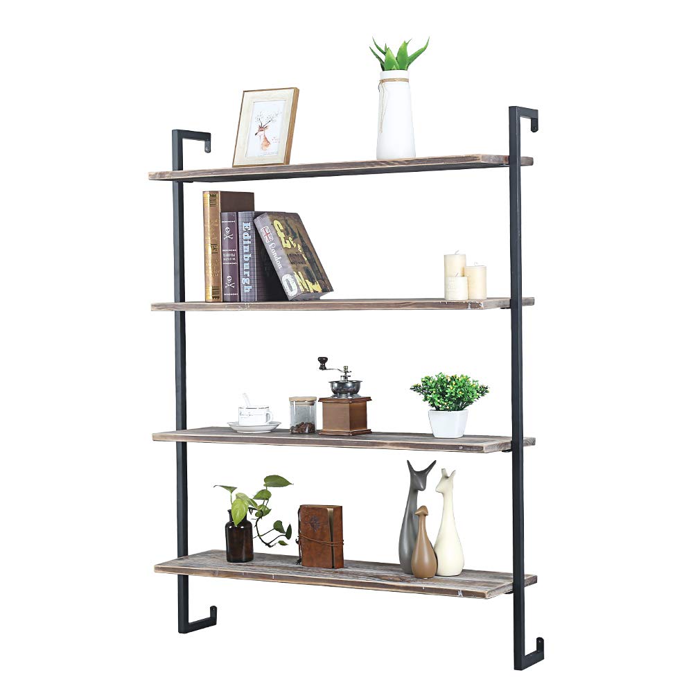 OLDRAINBOW Industrial Metal and Wood Wall Shelf,Floating Wood Shelves Wall Mounted,36in Real Wood Book Shelves,4 Tier Wall Shelves for Bedrooms Office