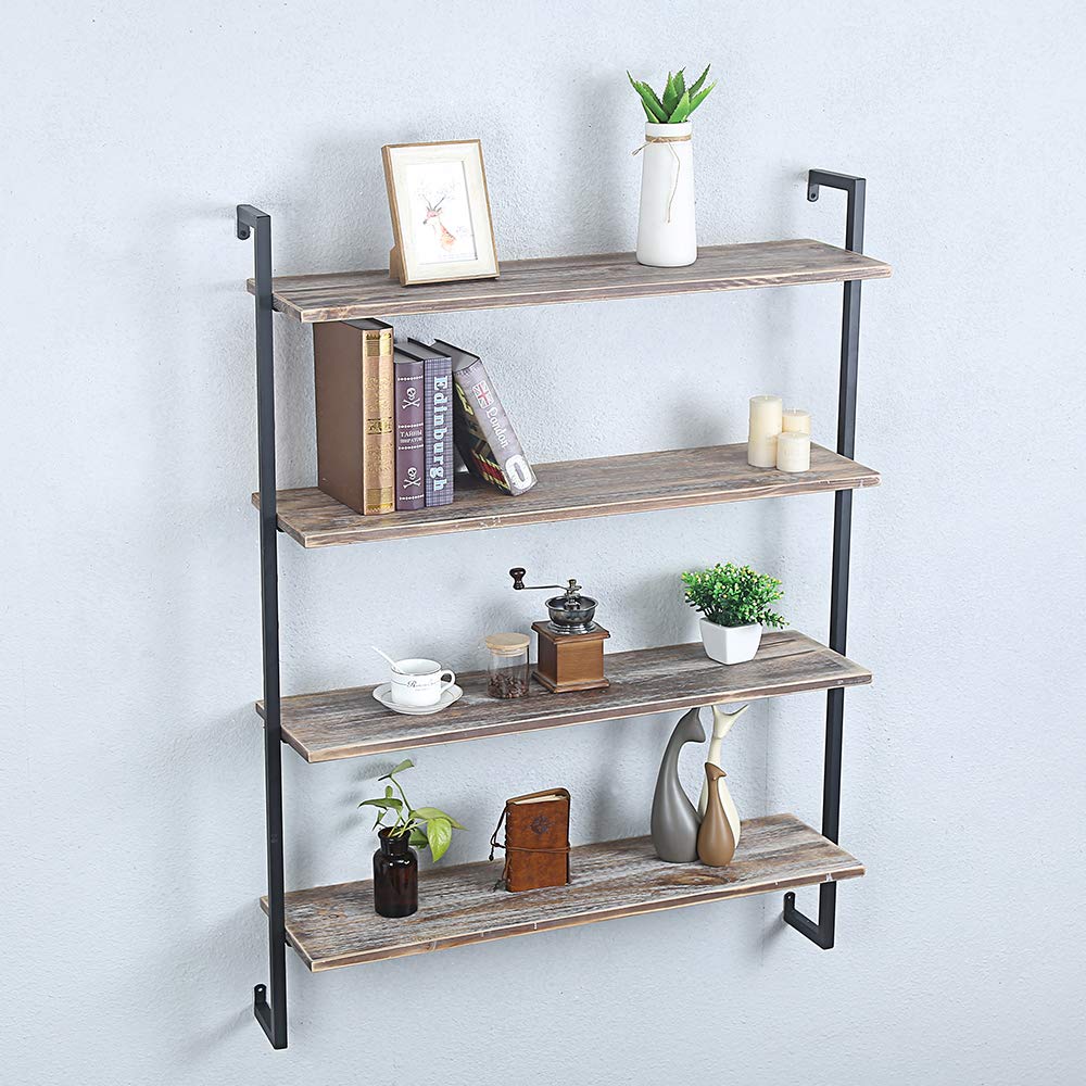 OLDRAINBOW Industrial Metal and Wood Wall Shelf,Floating Wood Shelves Wall Mounted,36in Real Wood Book Shelves,4 Tier Wall Shelves for Bedrooms Office