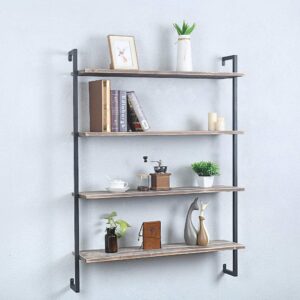 OLDRAINBOW Industrial Metal and Wood Wall Shelf,Floating Wood Shelves Wall Mounted,36in Real Wood Book Shelves,4 Tier Wall Shelves for Bedrooms Office