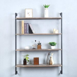 OLDRAINBOW Industrial Metal and Wood Wall Shelf,Floating Wood Shelves Wall Mounted,36in Real Wood Book Shelves,4 Tier Wall Shelves for Bedrooms Office