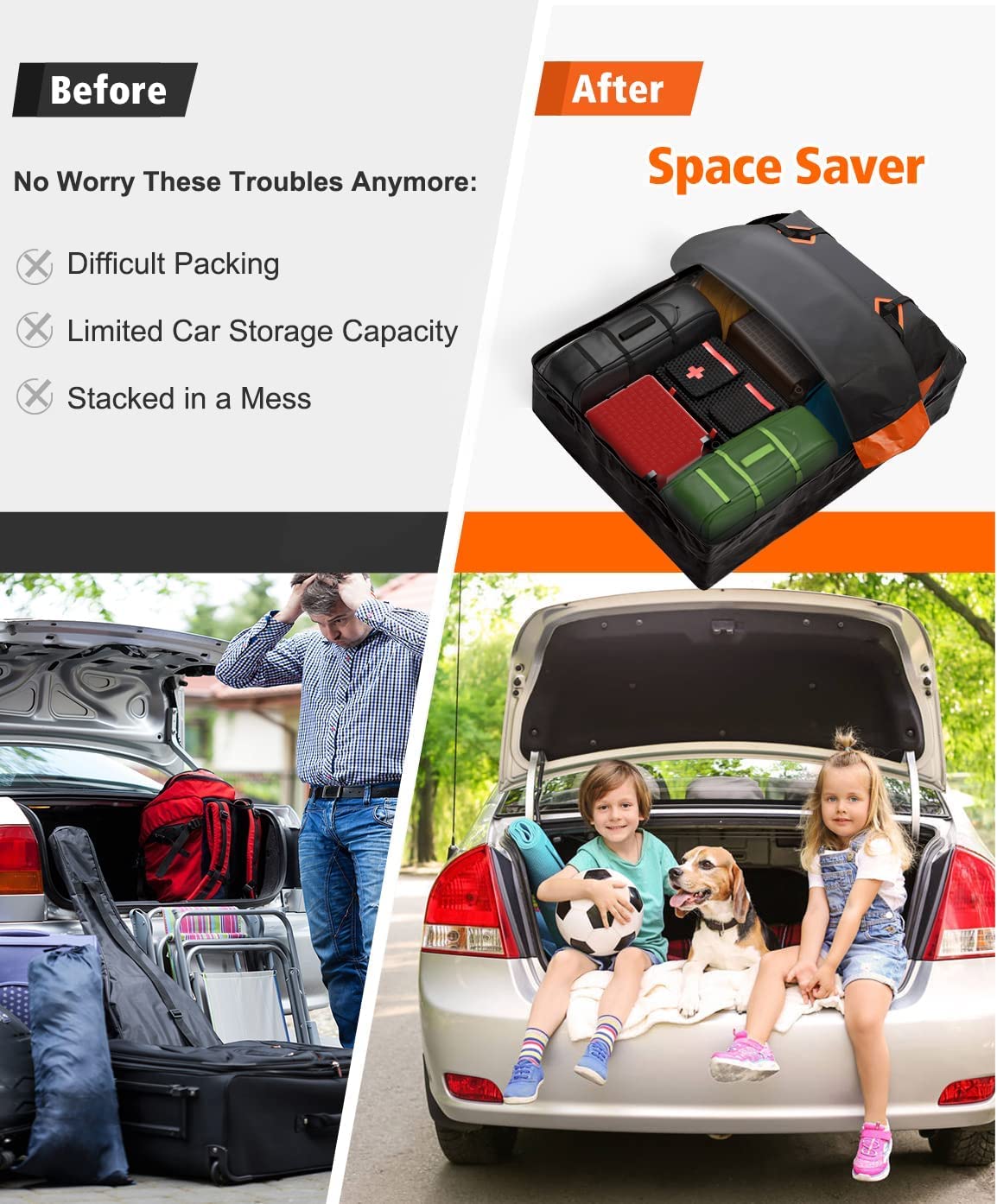 FIVKLEMNZ Car Rooftop Cargo Carrier Roof Bag Waterproof for All Top of Vehicle with/Without Rack Includes Topper Anti-Slip Mat + Reinforced Straps + 6 Door Hooks + Luggage Lock