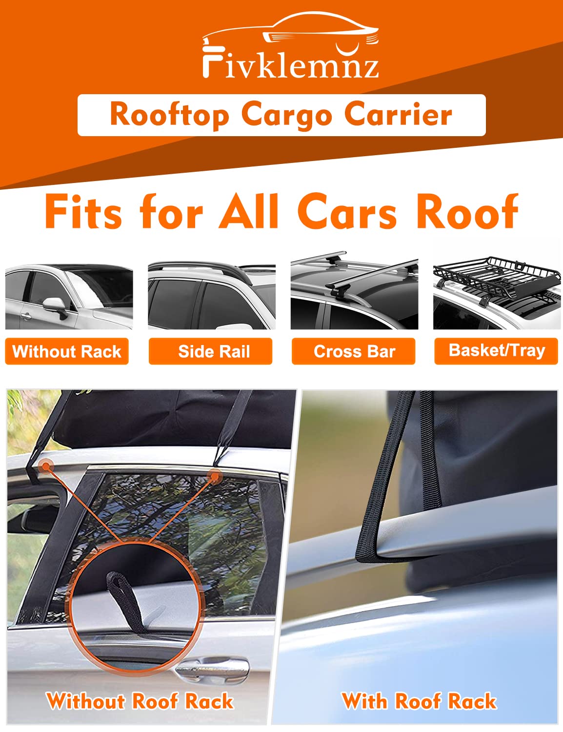 FIVKLEMNZ Car Rooftop Cargo Carrier Roof Bag Waterproof for All Top of Vehicle with/Without Rack Includes Topper Anti-Slip Mat + Reinforced Straps + 6 Door Hooks + Luggage Lock