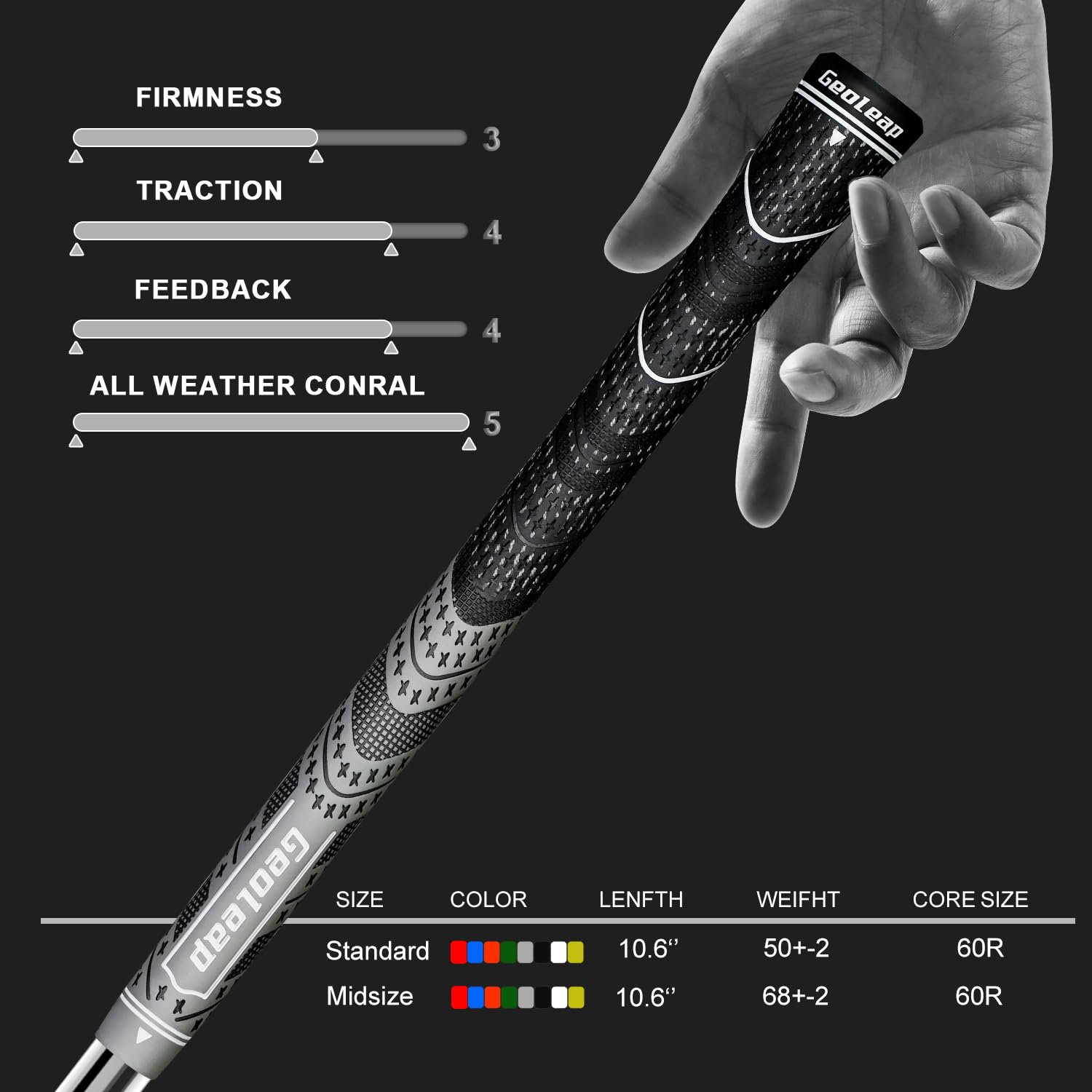 Geoleap Golf Grips Set of 13- Cord Rubber Compound Material, Hybrid Golf Club Grips, All Weather Performance. (Gray, Standard)