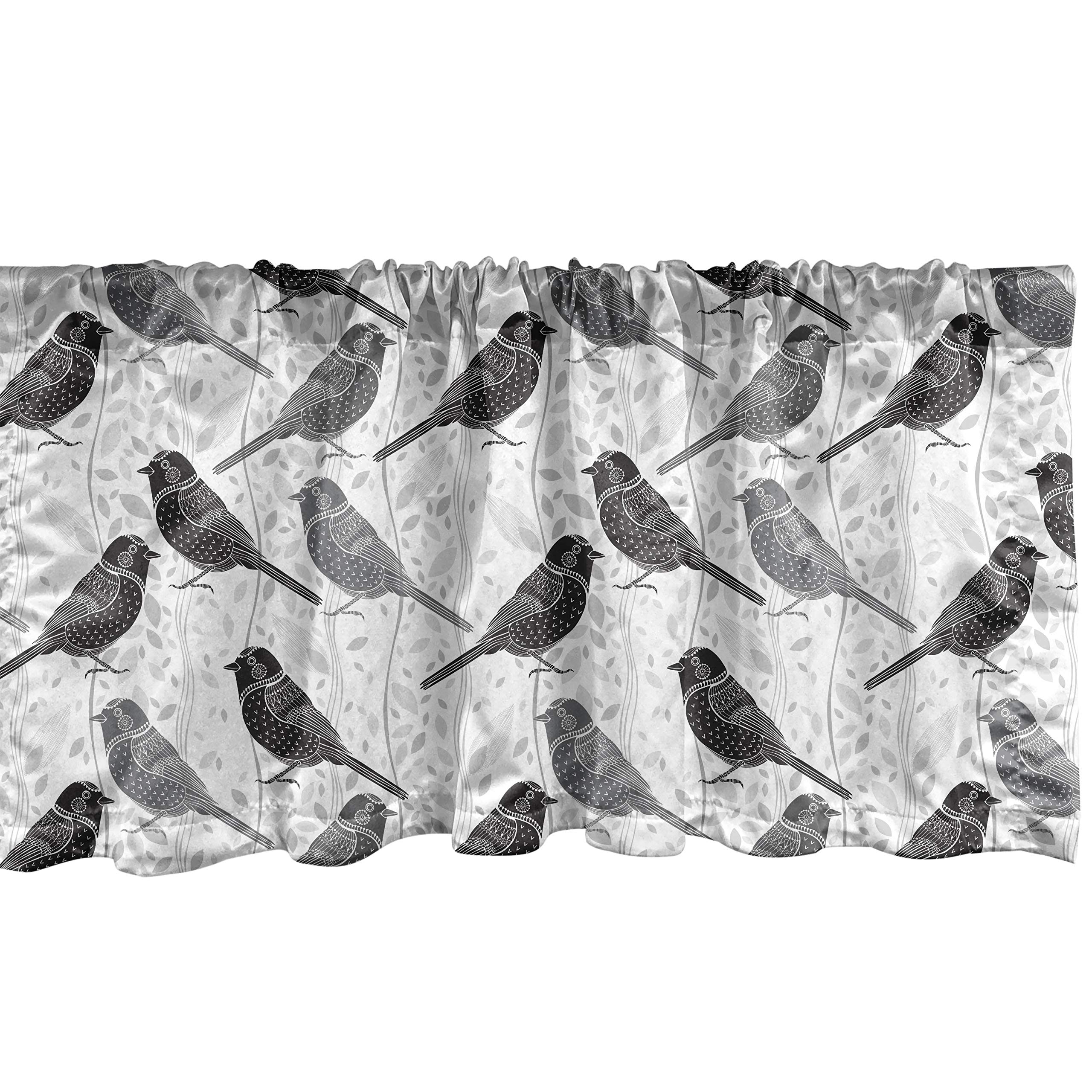 Lunarable Grey and White Window Valance, Bird with Ornate Patterns on Wavy Vertical Lines and Leaves, Curtain Valance for Kitchen Bedroom Decor with Rod Pocket, 54" X 18", White Black