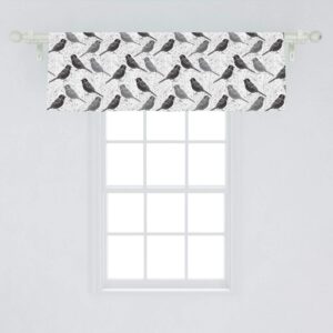 Lunarable Grey and White Window Valance, Bird with Ornate Patterns on Wavy Vertical Lines and Leaves, Curtain Valance for Kitchen Bedroom Decor with Rod Pocket, 54" X 18", White Black