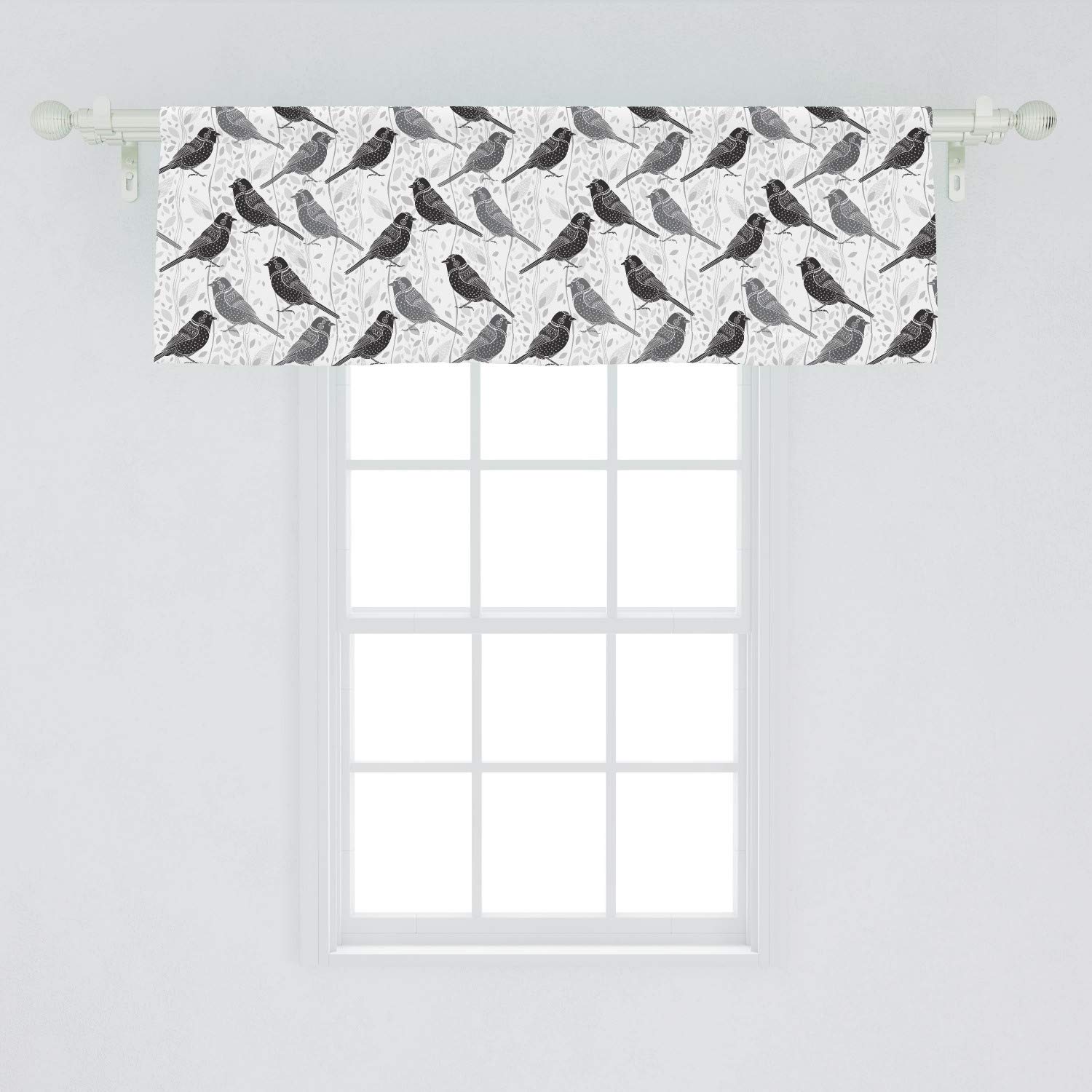 Lunarable Grey and White Window Valance, Bird with Ornate Patterns on Wavy Vertical Lines and Leaves, Curtain Valance for Kitchen Bedroom Decor with Rod Pocket, 54" X 18", White Black