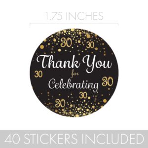 Black and Gold 30th Birthday Thank You Stickers - 1.75 in - 40 Labels