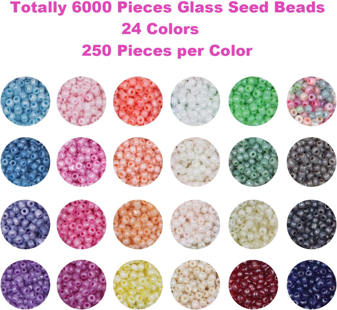 EuTengHao 6000pcs Glass Seed Beads Small Craft Beads for DIY Bracelet Necklaces Crafting Jewelry Making Supplies with Two 0.8mm Clear Bracelet String (4mm, 250 Per Color, 24 Colors)