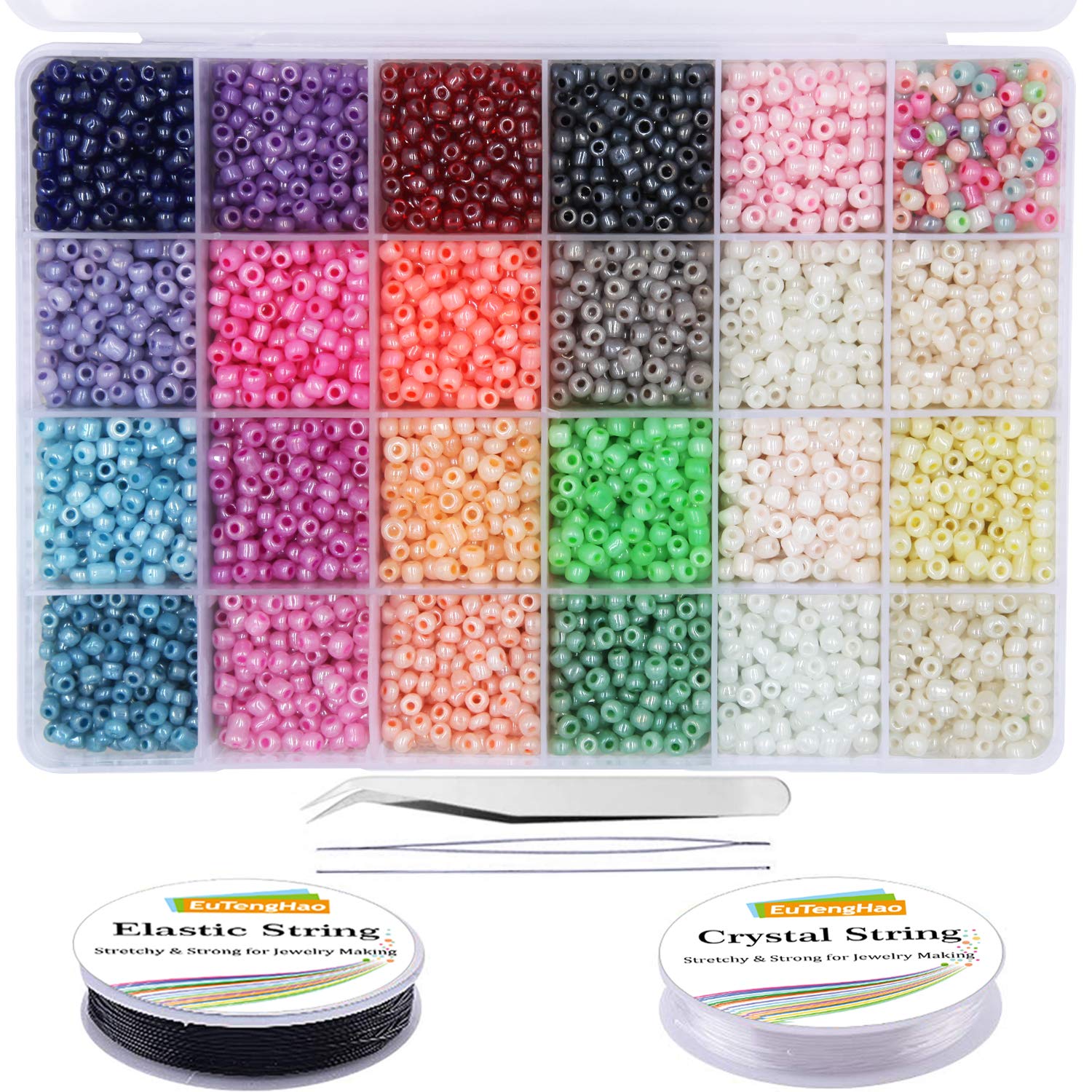 EuTengHao 6000pcs Glass Seed Beads Small Craft Beads for DIY Bracelet Necklaces Crafting Jewelry Making Supplies with Two 0.8mm Clear Bracelet String (4mm, 250 Per Color, 24 Colors)