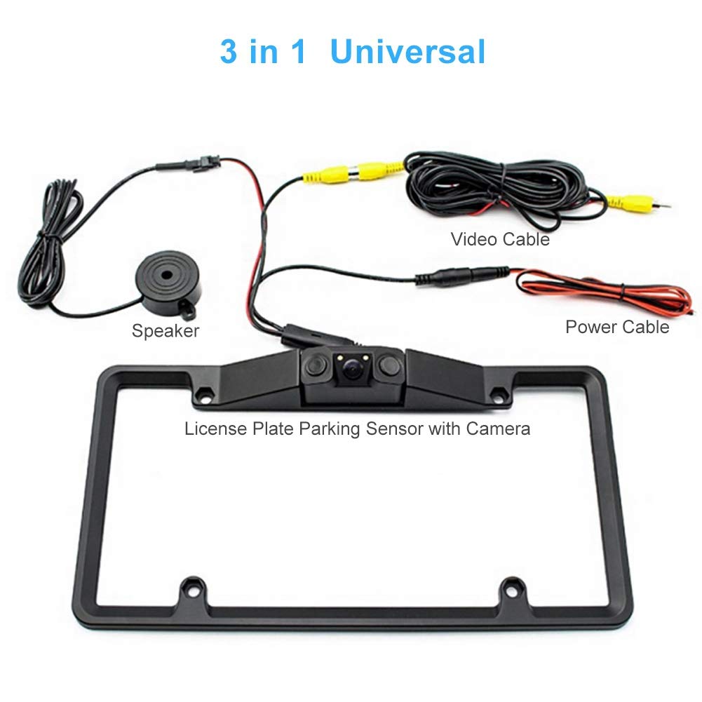 3 in 1 Car License Plate Frame Parking Sensor, Radar Rearview Reverse Backup Camera 2LED, Suitable for Parking & Back up Car