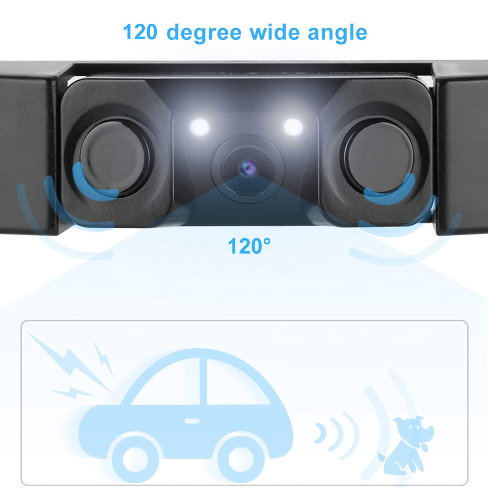 3 in 1 Car License Plate Frame Parking Sensor, Radar Rearview Reverse Backup Camera 2LED, Suitable for Parking & Back up Car