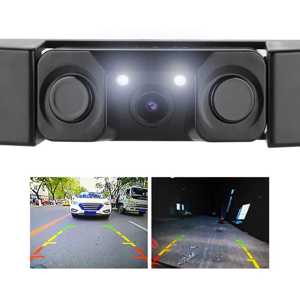 3 in 1 Car License Plate Frame Parking Sensor, Radar Rearview Reverse Backup Camera 2LED, Suitable for Parking & Back up Car