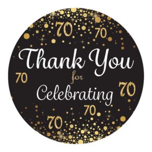 black and gold 70th birthday thank you stickers - 1.75 in - 40 labels