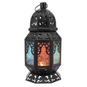 lewondr retro iron ramadan candle lantern, 10.2 inch portable moroccan wrought iron stained glass decorative lantern candle holder hanging lamp wind lantern for home decor, small – black + colorful