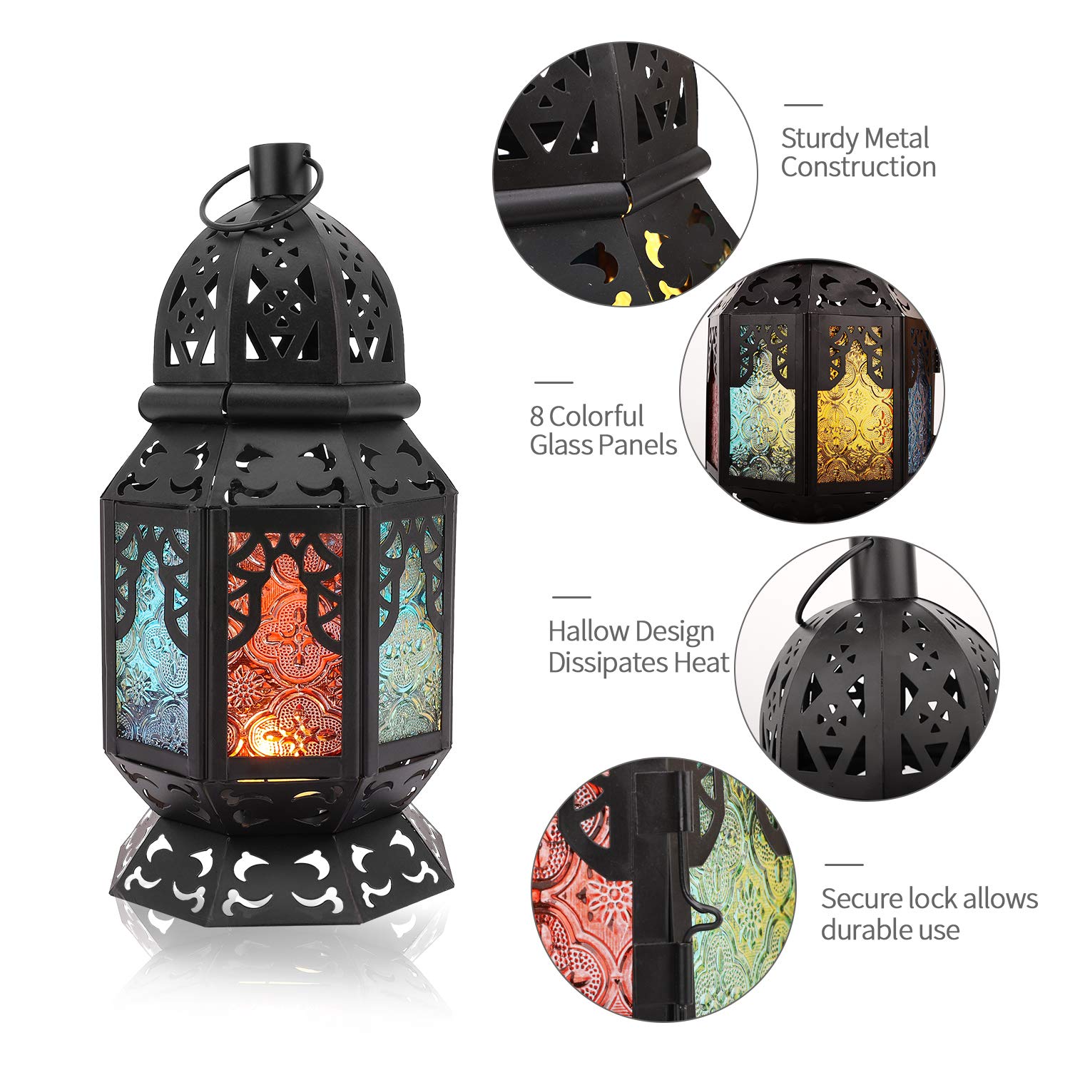 Lewondr Retro Iron Ramadan Candle Lantern, 10.2 Inch Portable Moroccan Wrought Iron Stained Glass Decorative Lantern Candle Holder Hanging Lamp Wind Lantern for Home Decor, Small – Black + Colorful