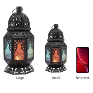 Lewondr Retro Iron Ramadan Candle Lantern, 10.2 Inch Portable Moroccan Wrought Iron Stained Glass Decorative Lantern Candle Holder Hanging Lamp Wind Lantern for Home Decor, Small – Black + Colorful