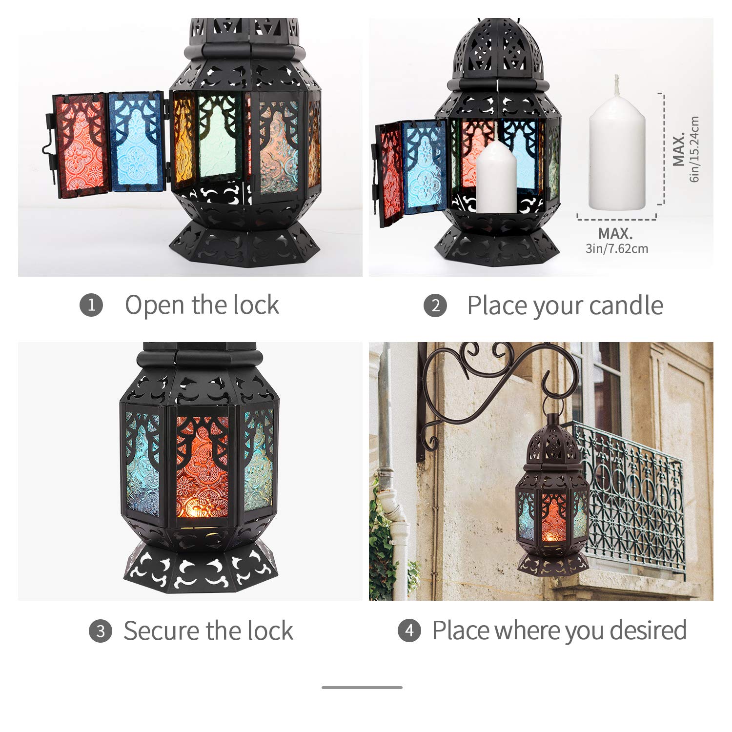 Lewondr Retro Iron Ramadan Candle Lantern, 10.2 Inch Portable Moroccan Wrought Iron Stained Glass Decorative Lantern Candle Holder Hanging Lamp Wind Lantern for Home Decor, Small – Black + Colorful