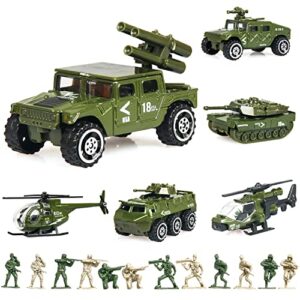 18 pack die-cast military vehicles sets,6 pack assorted alloy metal models car toys and 12 pack soldier army men, mini army toy tank,panzer,anti-air vehicle,helicopter playset for kids boys