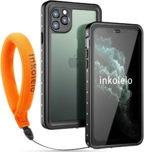 inkolelo iphone 11 pro max waterproof case, built-in screen full-body protector with floating strap ip68 waterproof case for iphone 11 pro max 6.5 inch case (2019) - matte black/orange