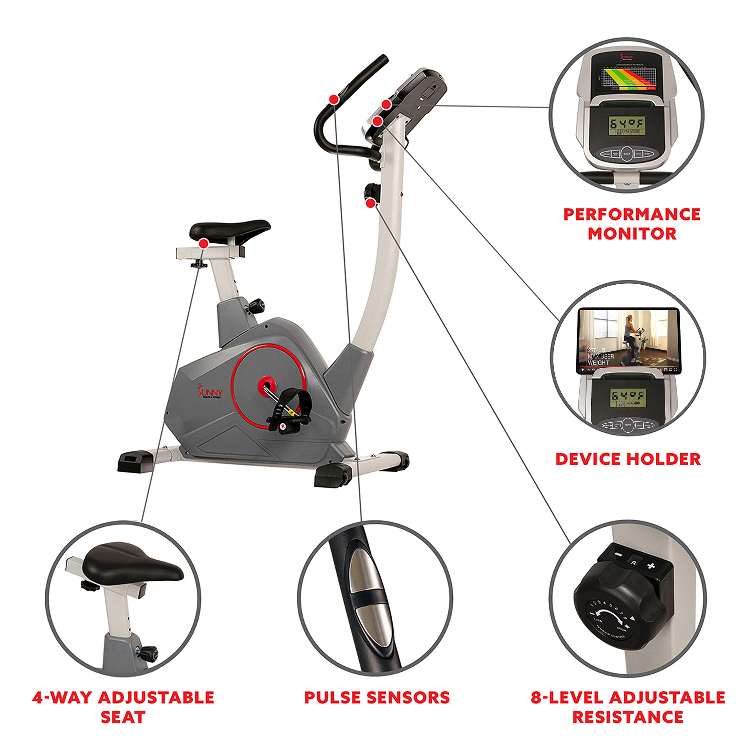 Sunny Health & Fitness Stationary Upright Exercise Bike with Performance Monitor, Tablet/iPad Device Holder, 275 LB Max User Weight with Body Fat and BMI Calculator - SF-B2952,Gray