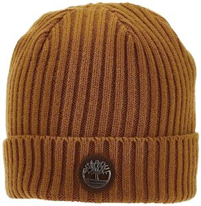 timberland men's ribbed watch cap with logo plate, wheat, one size