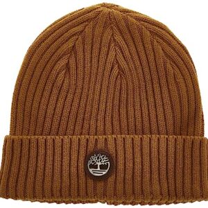 Timberland Men's Ribbed Watch Cap with Logo Plate, Wheat, One Size