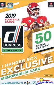 2019 donruss nfl football huge 50 card factory sealed hanger box with (4) rookies, (4) parallels & (10) inserts! look for rookies & autos of kyler murray, daniel jones, dwayne hoskins & more! wowzzer!