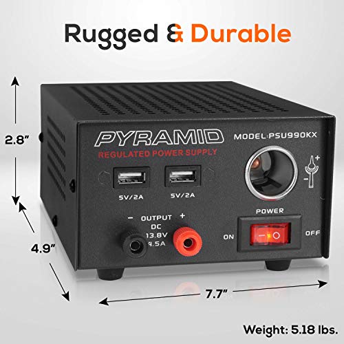 Pyramid Universal Compact Bench Power Supply - 7 Amp Regulated Home Lab Benchtop AC-Dc Converter Power Supply for CB Radio, HAM W/ 13.8 Volt Dc 120V AC Supply, Dual USB, Cigarette Lighter PSU990KX