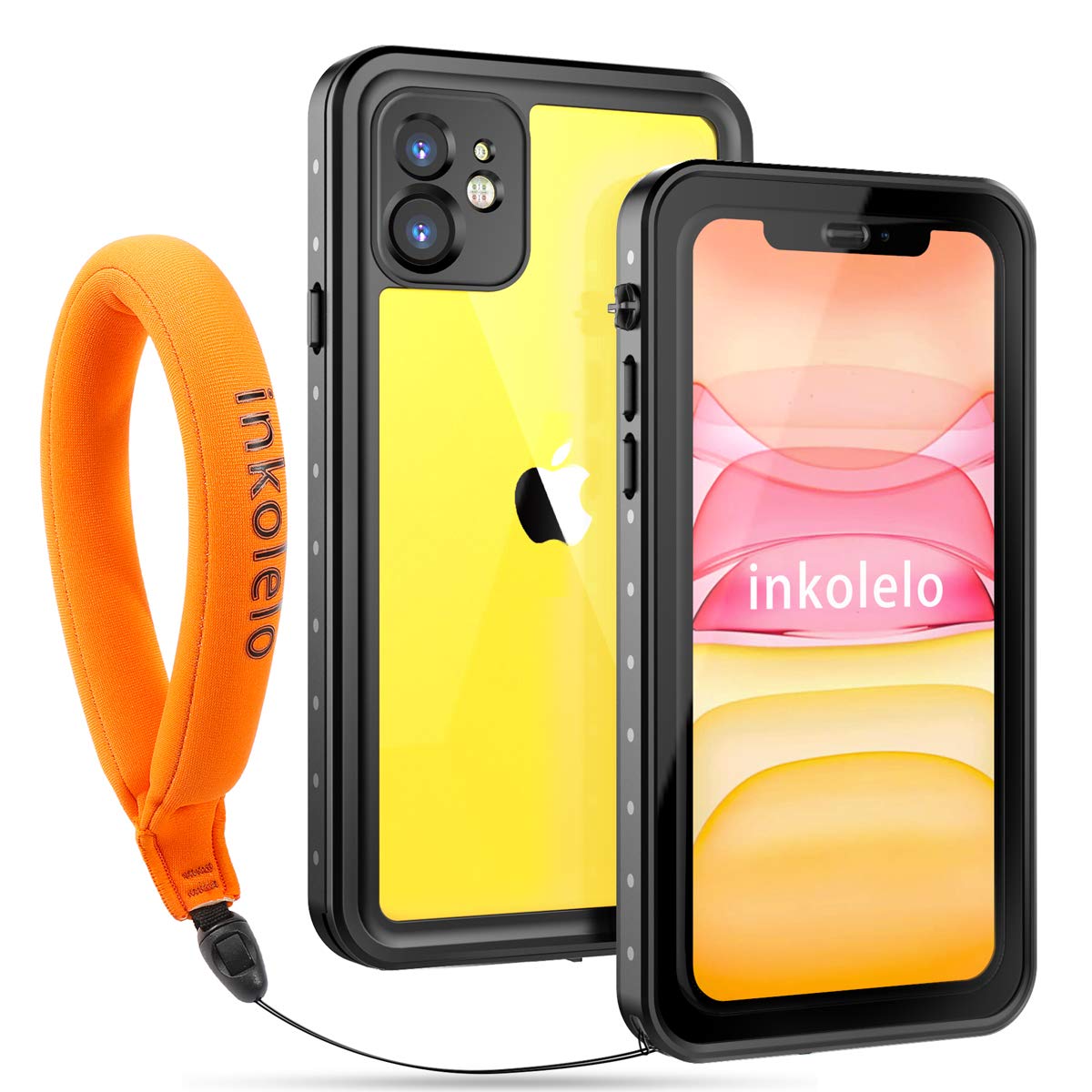 inkolelo iPhone 11 Waterproof Case, Built-in Screen Full-Body Protector with Floating Strap IP68 Waterproof Case for iPhone 11 6.1 Inch (2019) - Matte Black/Orange