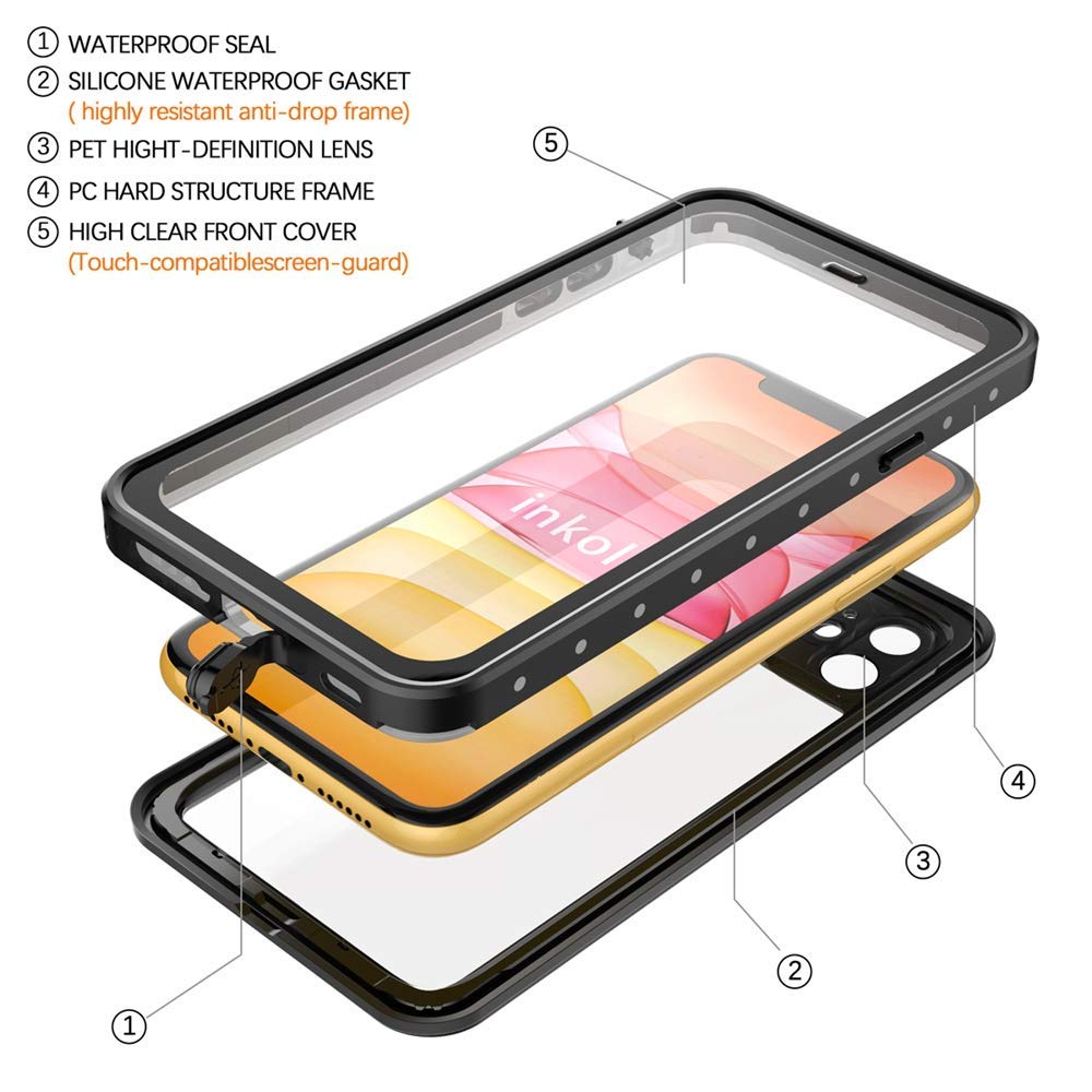 inkolelo iPhone 11 Waterproof Case, Built-in Screen Full-Body Protector with Floating Strap IP68 Waterproof Case for iPhone 11 6.1 Inch (2019) - Matte Black/Orange