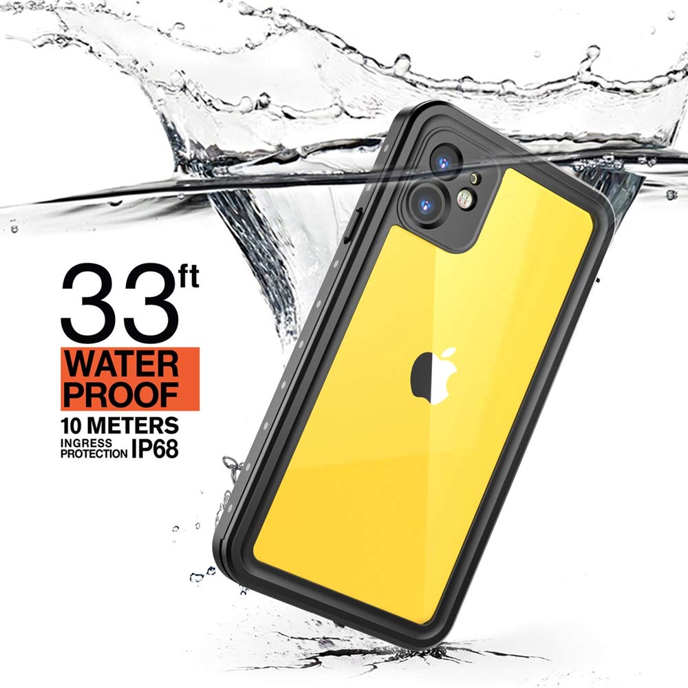 inkolelo iPhone 11 Waterproof Case, Built-in Screen Full-Body Protector with Floating Strap IP68 Waterproof Case for iPhone 11 6.1 Inch (2019) - Matte Black/Orange