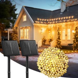 2-pack 480led 170ft total solar outdoor lights ip65 waterproof solar powered lights with 8 lighting modes for party garden yard home holiday tree decoration lighting, warm white