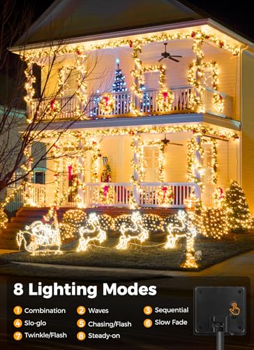 2-Pack 480LED 170FT Total Solar Outdoor Lights IP65 Waterproof Solar Powered Lights with 8 Lighting Modes for Party Garden Yard Home Holiday Tree Decoration Lighting, Warm White