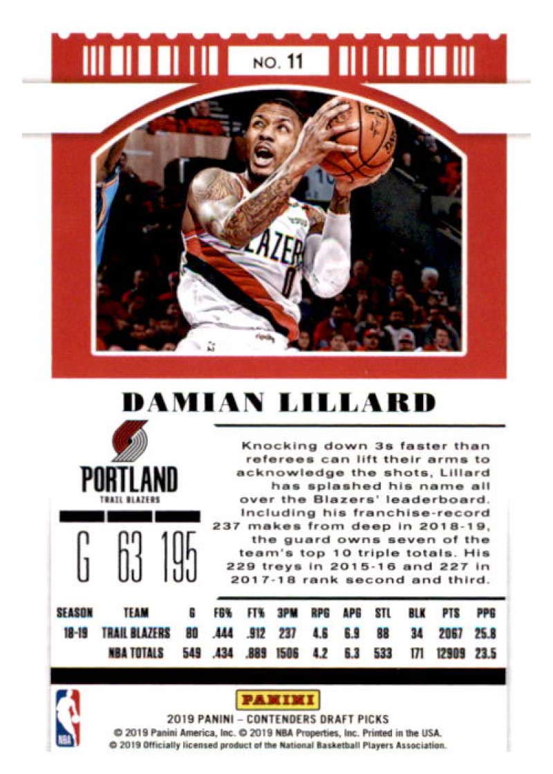 2019-20 Panini Contenders Draft Picks Season Ticket #11 Damian Lillard Portland Trail Blazers Basketball Card